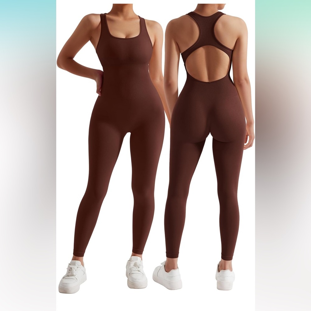 Women’s Brown Racerback One Piece Jumpsuits Tummy Control Romper